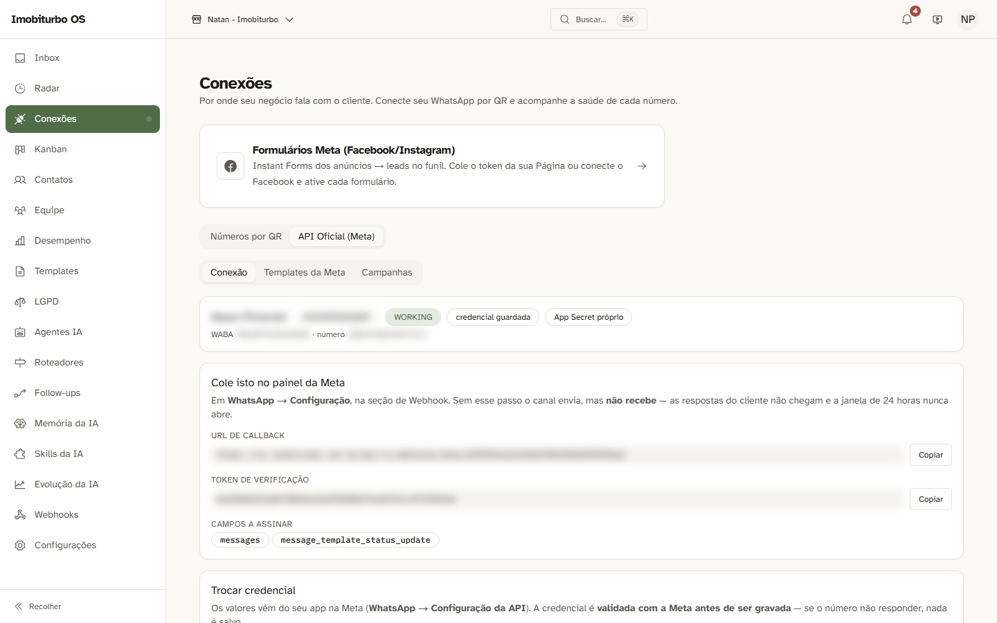 Aba API Oficial (Meta) na Central de Conexões