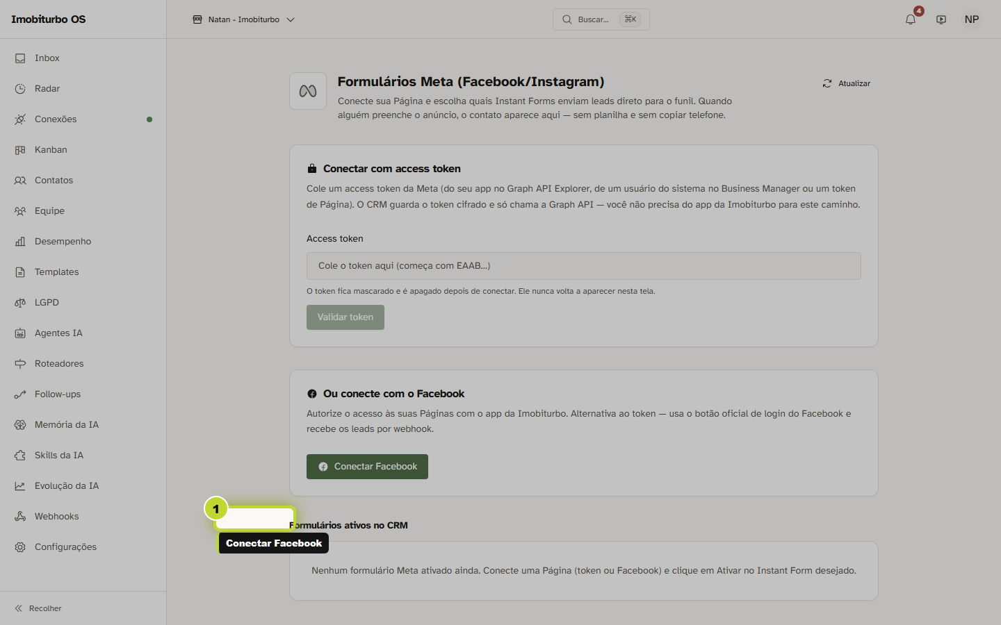 Destaque do botão Conectar Facebook
