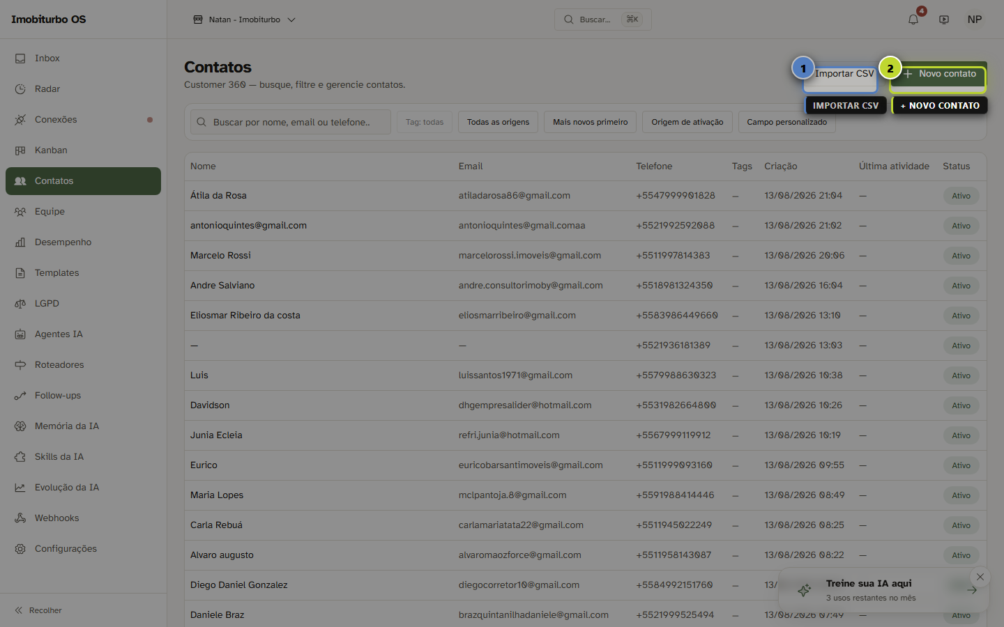 Lista de contatos após a importação