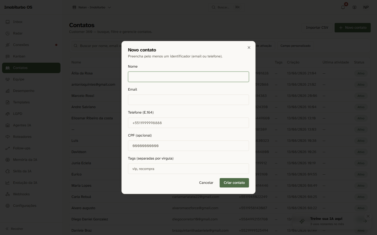 Modal de Criação de Contato