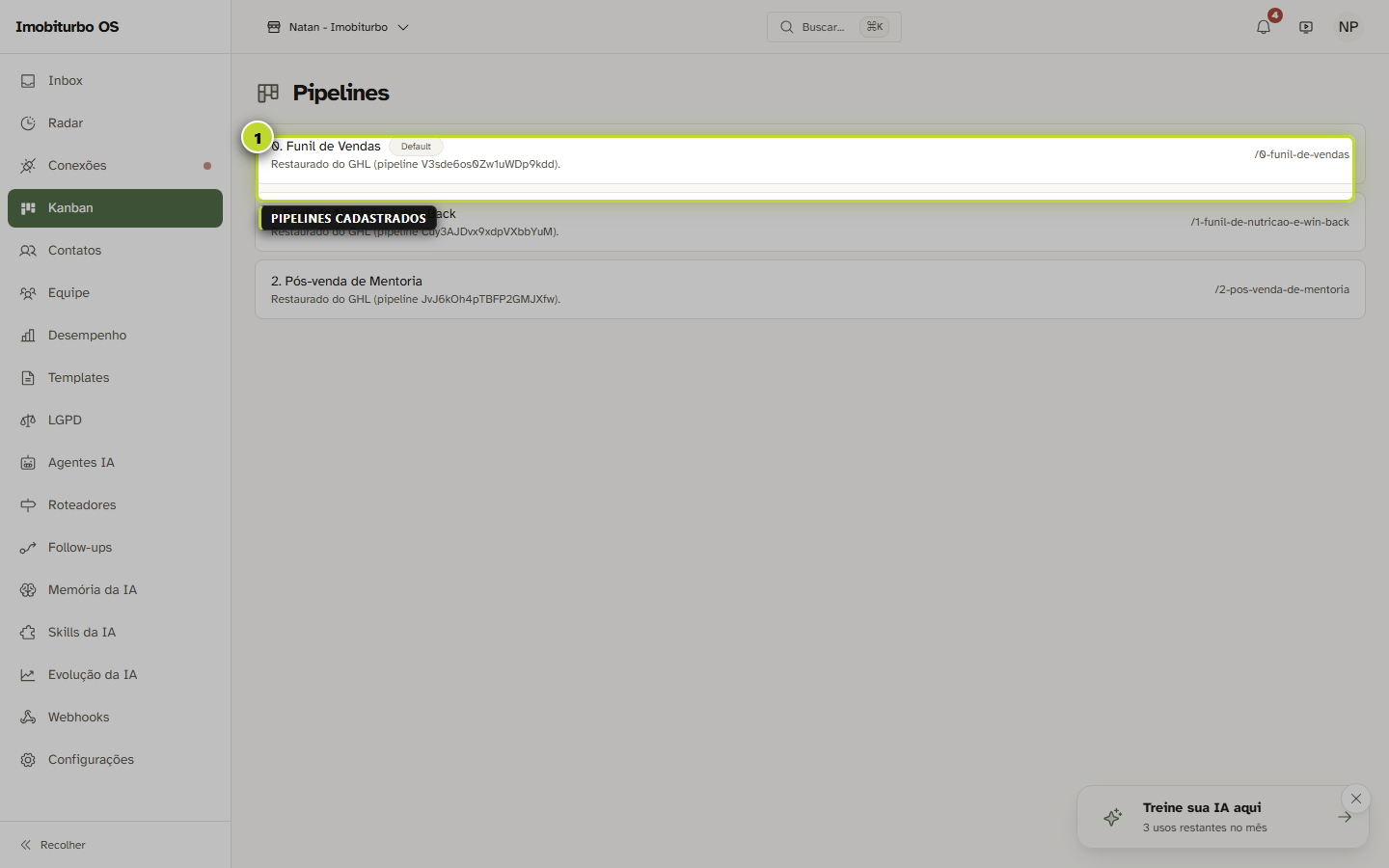 Lista de pipelines antes de abrir o quadro