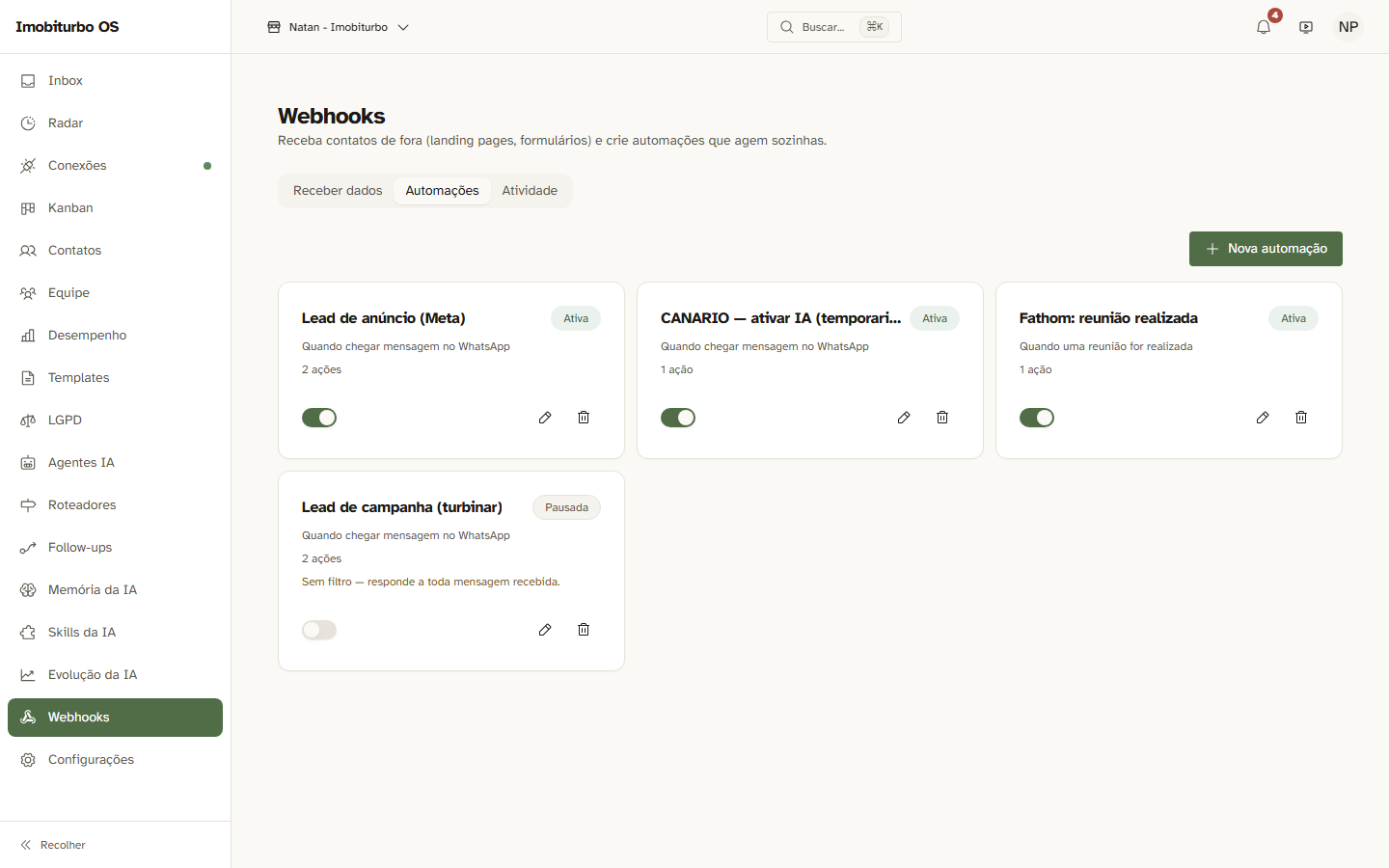 Aba Automações da área de Webhooks